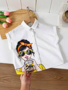 Emery Rose Kids Young Girl Cute Girl Pattern Casual Woven Shirt - White - View 3