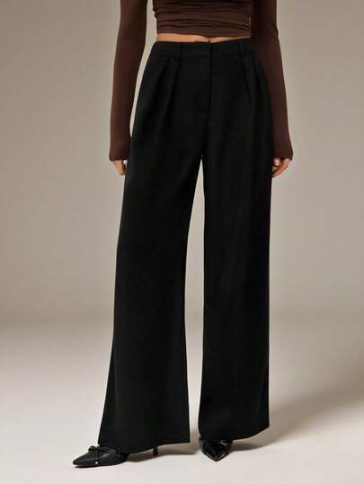 SHEIN Tall Women's Minimalist Fashion Dark Coffee Oversized Wide Leg Pants, Commuter Trousers Brown Wide Leg Pants For Women High Waisted Wide Leg Pants Brown Suit Pants In Fall/Winter