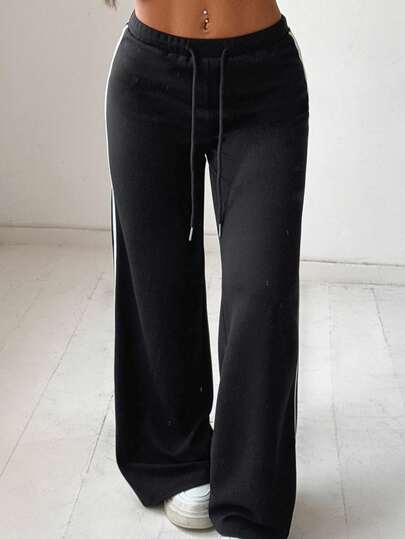 SHEIN EZwear 女士休闲条纹拼接黑色针织弹力裤