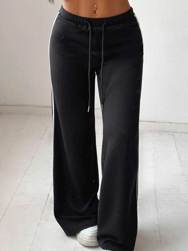 SHEIN EZwear Women's Casual Striped Patchwork Black Knit Stretch Pants