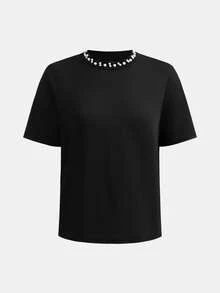 SHEIN Teen Girl Casual Studded Round Neck Short Sleeve Top - Black - View 5