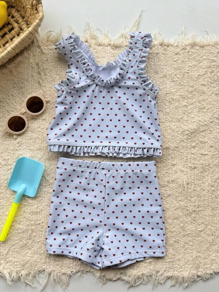 Young Girl Cute Fashion Blue Heart Print Frill Trim Swimwear Set Vacation