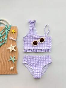 DAZY Bộ bikini kẻ caro cho bé gái, đồ bơi màu tím dễ thương cho bãi biển. - Màu tím - Xem 7