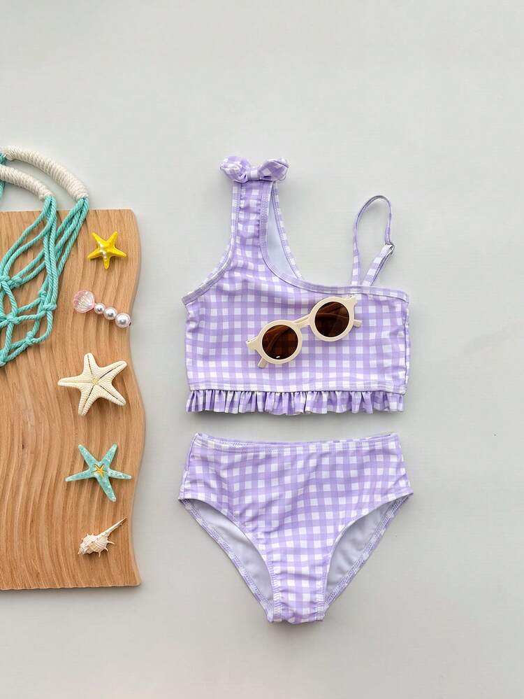 Young Girls' Plaid Bikini Swimwear Set, Cute Purple Swimwear For Beach Vacation