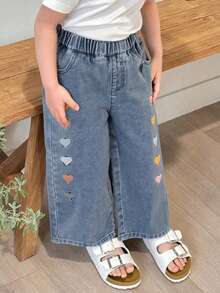 DAZY 少女心形刺绣松紧腰带口袋阔腿休闲牛仔裤 - 藍色 - 查看 1
