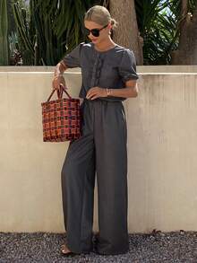 DAZY Women's Round Neck Short Sleeve Frill Trim Denim Shirt And Loose Fit Pants Casual Denim Outfit - Grey - View 1