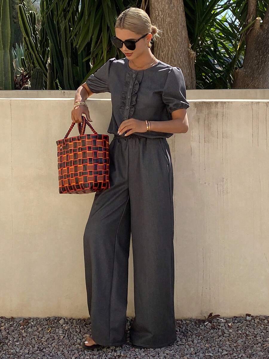 DAZY Women's Round Neck Short Sleeve Frill Trim Denim Shirt And Loose Fit Pants Casual Denim Outfit - Grey - View 1