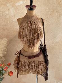 Soleia Fringe Knit Micro Mini Skirt Low Rise Sexy Holiday Ibiza Rave Boho Vacation Escapade Fall Night Out Autumn Winter Techno - Khaki - View 5