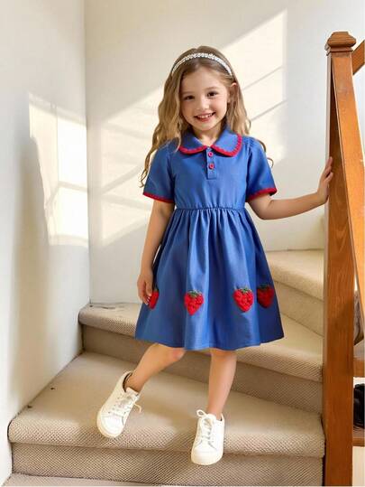 女童纯色草莓刺绣领短袖A字连衣裙，松紧腰设计，夏季休闲日常穿着