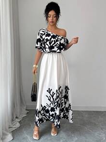 Elenzga Elegant Leaf Print Ruffle Shoulder Slit Dress For Women, Spring/Summer - Apricot - View 5