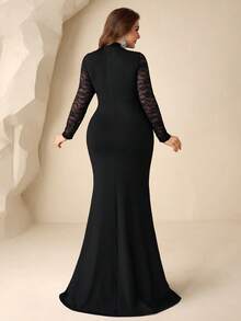 Coutiva Plus Size Hollow Out Solid Mandarin Collar Long Sleeve Lace Patchwork Maxi Formal Evening Gown (Heavily Embellished), Valentine's Day Plus Size Club Dress Bodycon Plus Size Dress Plus Size Corset Dress Curvy Dresses For Women Sexy Curve Dress - Black - View 3