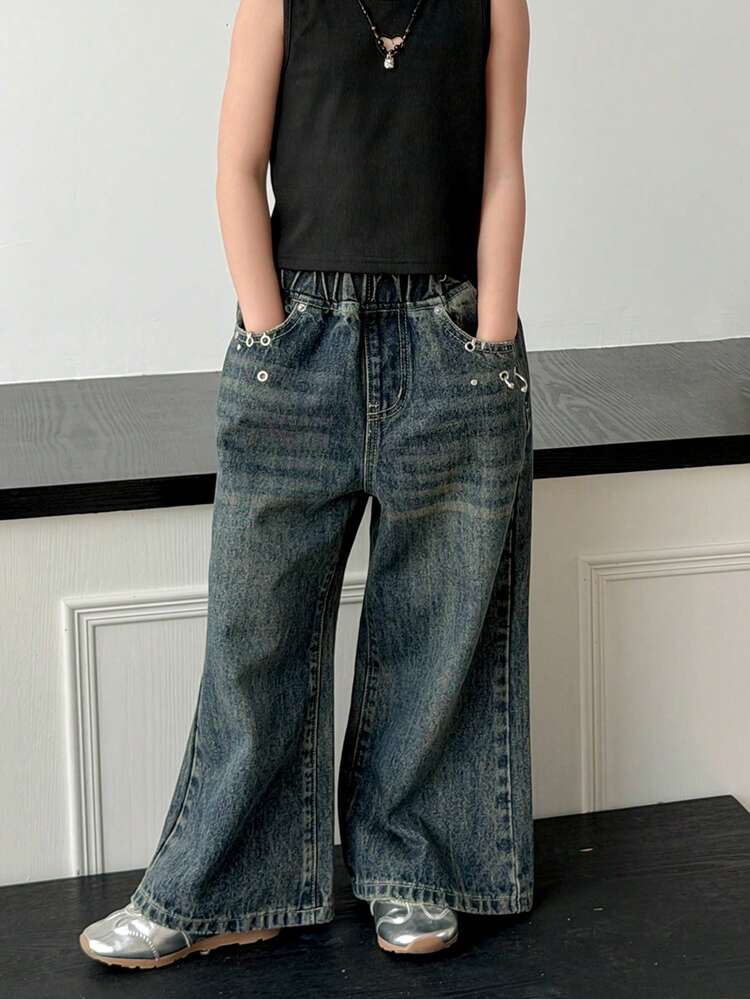 Young Girls Rivet Casual Street Style Washed Denim Jeans