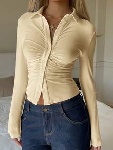 SHEIN EZwear 纯色前扣褶皱休闲百搭修身女式T恤 - 杏色 - 查看 6