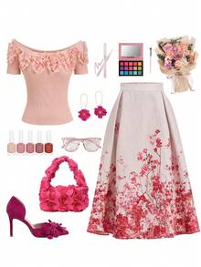 Ellevyn Blusa de punto elástica ajustada con hombros descubiertos y flores 3D rosas a rayas, con falda evasé. Falda elegante de jacquard para uso diario, vacaciones, primavera/verano - Multicolor - Ver 2