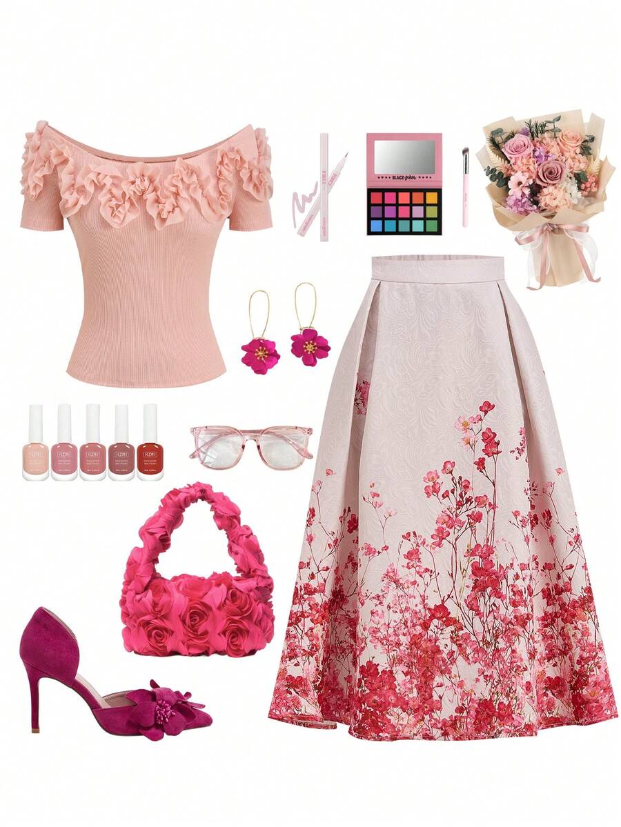 Ellevyn Blusa de punto elástica ajustada con hombros descubiertos y flores 3D rosas a rayas, con falda evasé. Falda elegante de jacquard para uso diario, vacaciones, primavera/verano