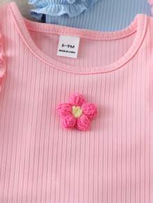 SHEIN 3件套女婴休闲上衣，包括粉色、白色和蓝色纯色罗纹无袖背心，饰有花朵图案，舒适透气，适合6个月至3岁婴幼儿夏季室内外穿着。 - 彩色 - 查看 3