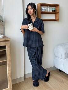 DAZY 少女卡通熊条纹短袖纽扣上衣和长裤睡衣套装 - 藏蓝色 - 查看 3
