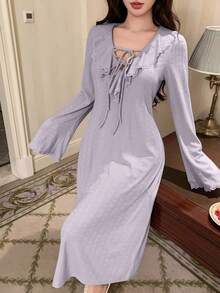 DAZY Lace Patchwork Ruffle Hem Waist Cinched Long Sleeve Dress, Spring/Autumn Women Loungewear - Purple - View 3