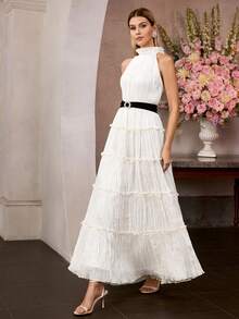 MOTF Soiréza WOMEN'S ELEGANT FLOOR-LENGTH FORMAL DRESS WITH RUFFLE NECKLINE, IDEAL FOR WEDDINGS, GALA DINNERS, CELEBRATIONS & FORMAL PARTIES - Beige - View 4