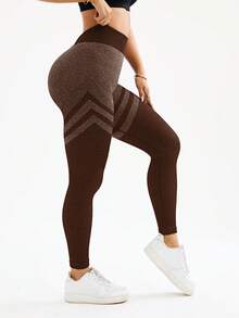 Seamluxe SHEIN Sport H1178 Brown Striped High Waist Seamless Leggings - Coffee Brown - View 6