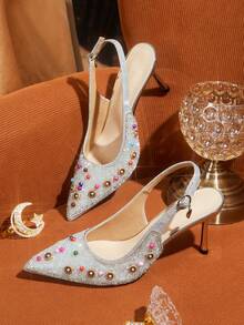 CUCCOO TILAWA 女士镶钻尖头高跟鞋，时尚踝带礼服鞋，适合派对和宴会穿着 - 銀色 - 查看 1