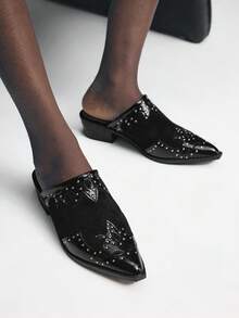 Mnmlis 女士尖头铆钉设计时尚百搭高跟穆勒鞋 - 黑色 - 查看 12