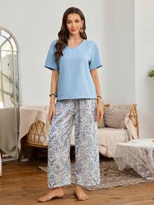 SHEIN Women's Print V-Neck Short Sleeve Pajama Set, Casual Loungewear - Dusty Blue - View 6