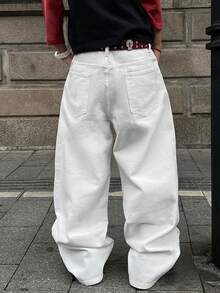 STEELVANCE Men's Casual Loose Fit Floral Embroidery Rivet Design Wide Leg Jeans Pants, Streetwear Fashion, Daily Wear - White - View 2