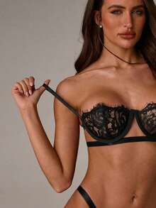SHEIN BAE Bộ đồ lót ren hoa & quần lót - màu đen - Xem 6
