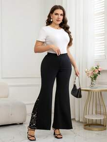 SHEIN Clasi 大码时尚通勤网眼拼接喇叭裤 夏季 夏季假期 春假 春季情人节 女士 婚礼及活动 外出喇叭裤 大码喇叭裤 喇叭打底裤 女士大码裤 曲线加大码 大码裤 优雅女士裤 水钻裤 遮盖裤 水钻喇叭裤 - 黑色 - 查看 10