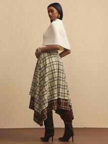 NYA SZN Skirt High Rise Loose Tie Knot Plaid Red Yellow Grunge Holiday Festival Winter Special Occasion Elegant Luxury Outfits For Women - Khaki - View 2