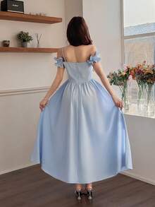 Feyla New Arrival Spaghetti Strap Off-Shoulder Pleated Romantic Ruffle Waist Elegant A-Line Cocktail Party Dress - Blue - View 7