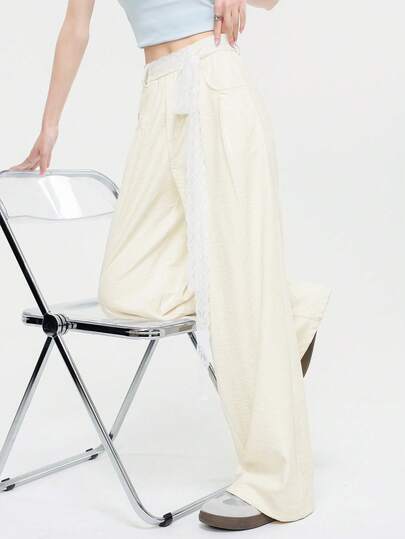 K-Vae Solid Color Casual Pants With Pockets And Belt Loops, Loose Fit With Pleats