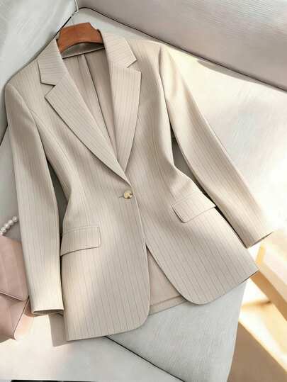  Franclia Khaki Casual Blazer For Women Suitable For Commuting Fall Cloth Spring Cloth For Women Women's Long Sleeve Khaki Blazer With Pockets Women's Jacket Simple Yet Elegant Waist-Cinching And Stylish Dark Stripe Perfect For Everyday Work Going Out Elegant Casual Vacation Graduation Season Attire Fashionable Casual Commuter Wear Business Office Wear Versatile And Stylish Everyday Casual Wear Urban Teacher's Professional Attire Women's Suits Women's Blazers Pinstripe Blazer