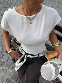 Muchica Women's Casual Solid White Batwing Sleeve Knit T-Shirt - White - View 5