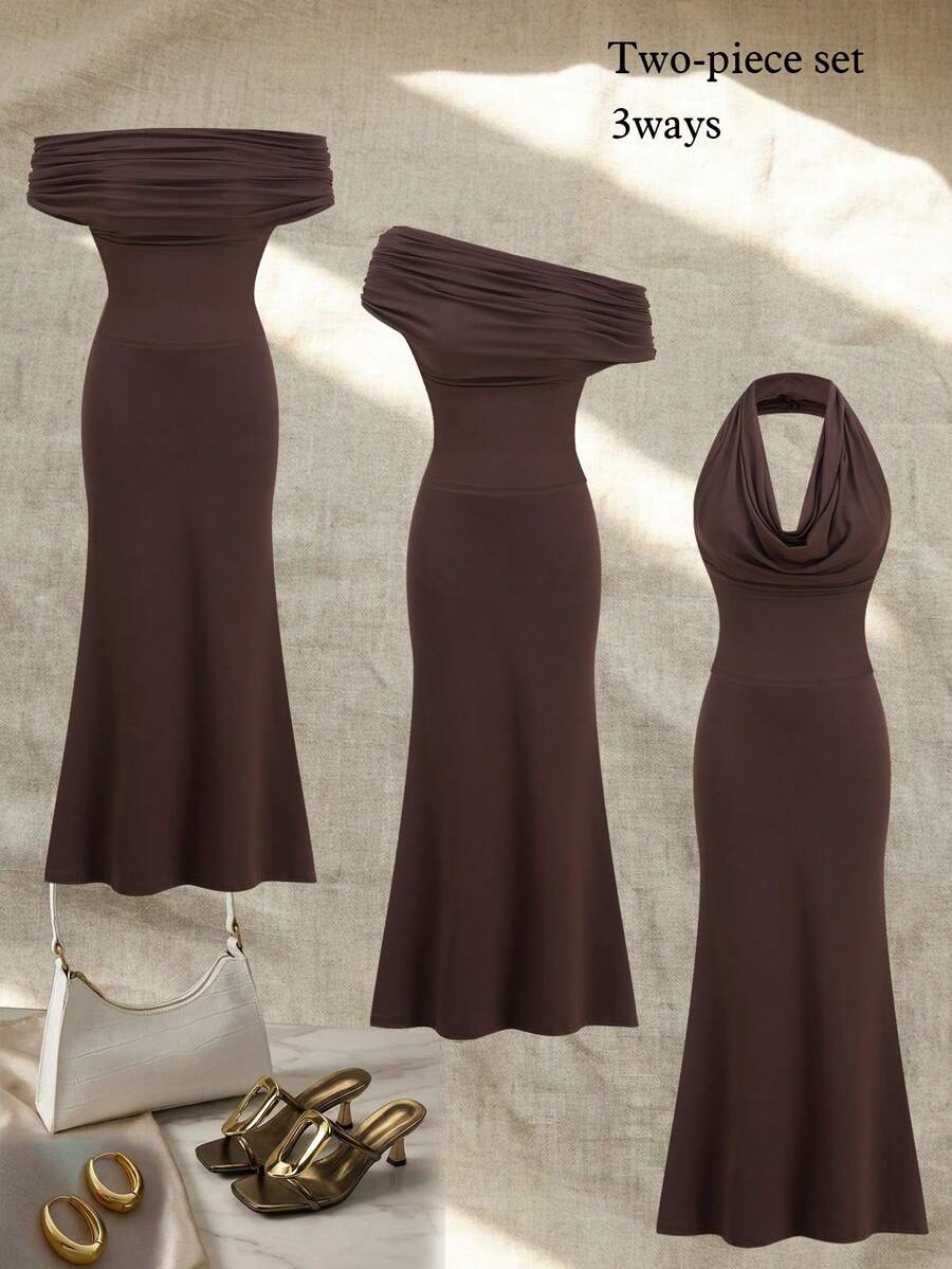Ellevyn 2pcs/Set Women's Brown Versatile Knit Top + Long Mermaid Hem Skirt - Brown - View 1