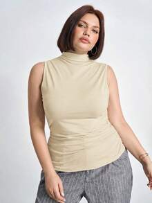 Chikora Plus Size Ruched Slim Fit Stand Collar Tank Top Concert Women,Business Casual Tank Top - Apricot - View 1