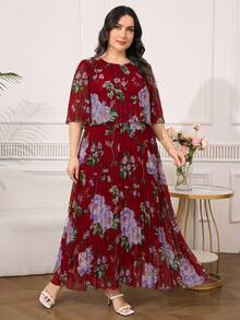 SHEIN Clasi Plus Size Elegant Geometric Print Chiffon Ruffle Hem Dress, Summer - Burgundy - View 6