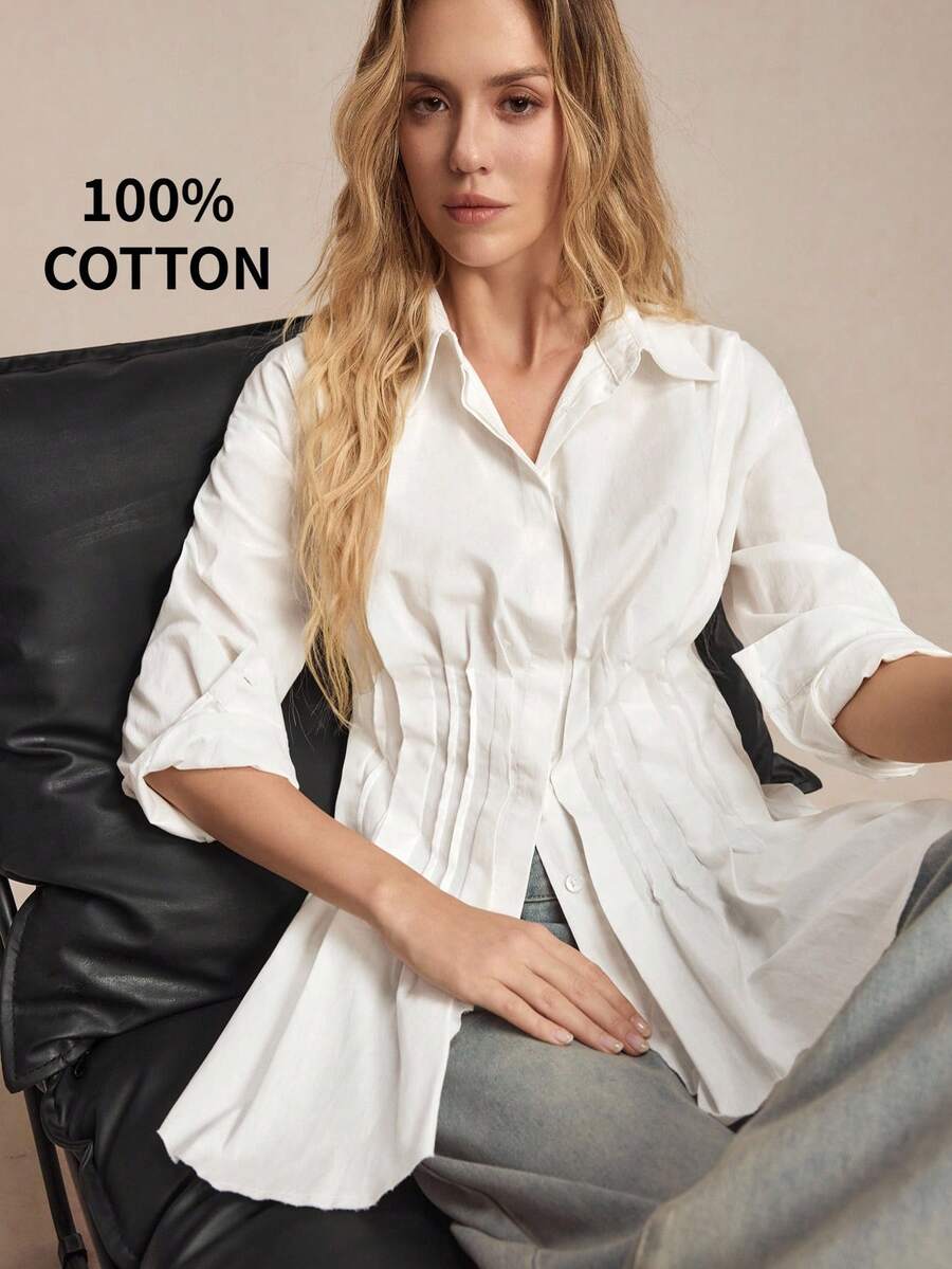 BizChic 春夏新款白色翻领纽扣不对称褶裥下摆衬衫，时尚优雅，适合狂欢派对和都市通勤。 - 白色 - 查看 1