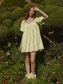 WESTFADE Đầm mini babydoll tay phồng dành cho nữ - Màu vàng - Xem 3
