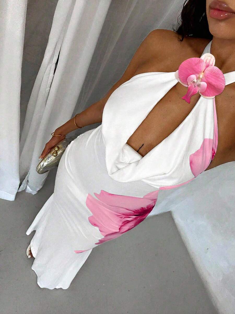 Glamine Elegant White And Pink Butterfly 3D Floral Draped Neck Open Back Maxi Bodycon Dress,Women's Summer Holiday Vacation Resort Wear Party Outfit - White - View 1