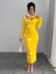 Selianne 镂空花卉设计性感女式连衣裙长款套装 - 淡黃色 - 查看 4