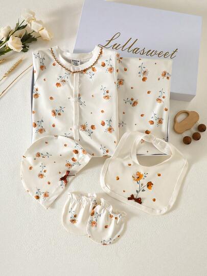 女宝宝新生儿礼盒套装，杏色五件套，适合春夏穿着。撞色领口设计，工艺精湛，优雅简约印花，面料柔软舒适。