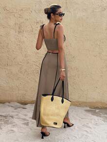 SHEIN Frenchy Women's Colorblock Camisole Top And Skirt 2 Pieces Set, Fashionable For Vacation, Date, And Outings - Mocha Brown - View 2