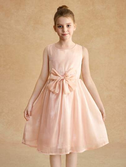 SHEIN Tween Girls Round Neck Sleeveless Bow Decor Waist Cinched Summer Dress