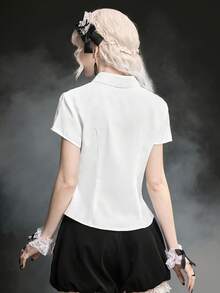 ROMWE Kawaii Blusa ajustada de mujer con estampado de lunares y notas musicales - Blanco - Ver 3
