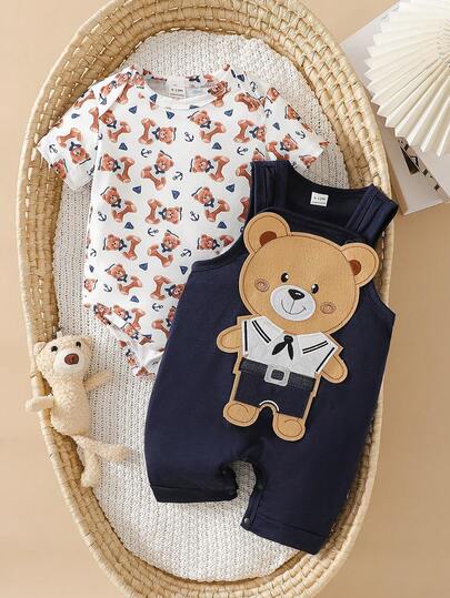 SHEIN 2pcs/Set Toddler Boys' Casual Cute Bear Print T-Shirt Top And 3D Bear Jumpsuit Shorts Set, Suitable For Outdoor Wear, Summer