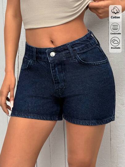 SHEIN Damen High-Rise Lässig dunkelblau Denim Shorts mit Taschen