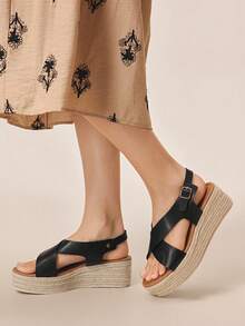 Styleloop Women's Fashion Solid Color Woven Casual Platform Wedge Sandals, Bohemian Vacation Retro Vespa Canvas Wedge Heel Ankle Strap Sandals, Spring Summer Shoes Spring Break Easter Holiday Travel Essential Boho Cowgirl Outfit Coachella - Black 1 - View 3
