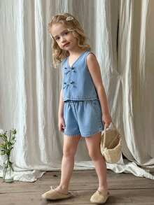 LMoss Kids 2件套女童牛仔无袖背心和宽松短裤套装 - 淺色水洗藍 - 查看 4